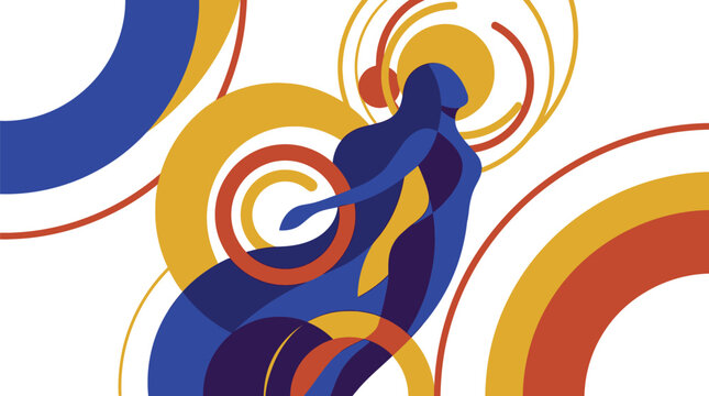 Woman silhouette rising through circular graphic rings symbolizes personal growth and spiritual enlightenment in a stylized artistic composition.