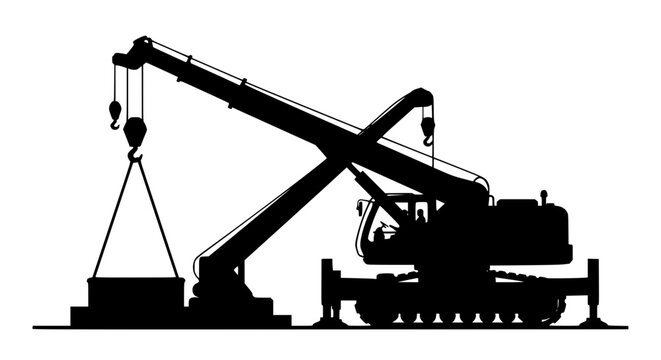 Black mobile crane silhouette lifting a heavy load isolated on white