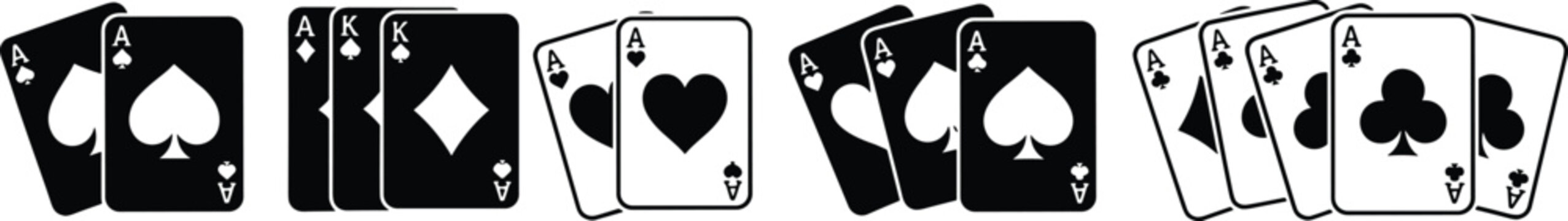Playing Card Icon Set with Aces and Kings in Spades, Diamonds, Hearts, and Clubs for Casino Gaming, Poker Apps, and Gambling Graphic Designs