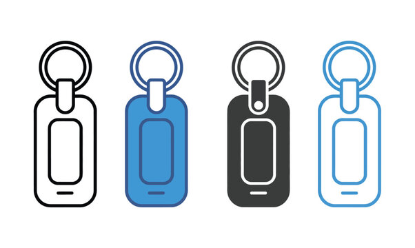 Key tag icon set featuring blank keychain labels with rings, outline and solid styles, customizable design on transparent background