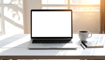 Fototapeta premium Laptop Mockup on White Wooden Desk with Coffee Cup and Notebook in Bright Sunlit Room