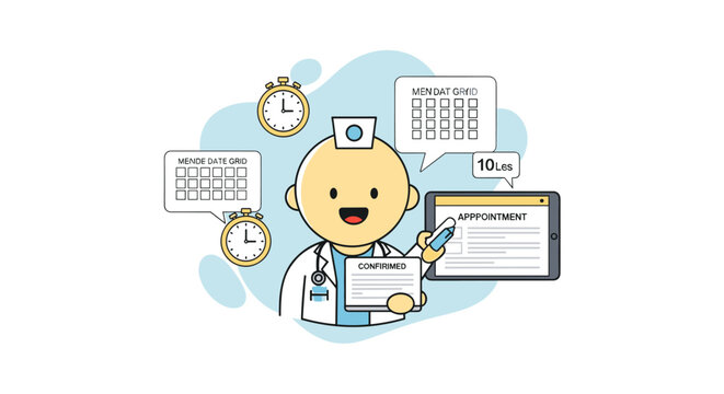 A smiling doctor in a white lab coat presents a confirmed medical document beside appointment calendar grids and timing clocks on a light blue background for health services.