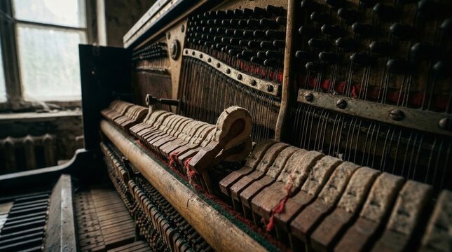 Abstract Close-up of Vintage Piano Hammers and Strings with Dramatic Lighting