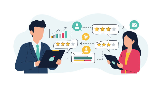 A male and female business professional review employee performance metrics and feedback data represented by floating chat bubbles with star ratings in a bright office.