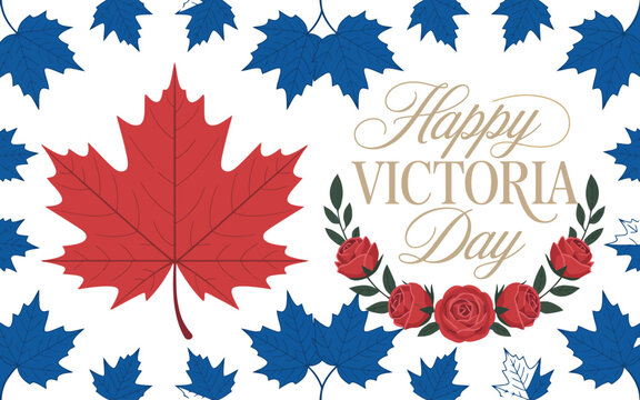 Victoria Day celebration card with red maple leaf and rose wreath on white background