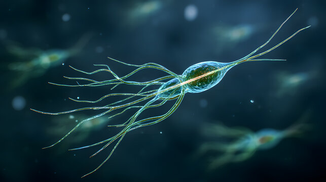 Microscopic flagellated microorganism floating in blue fluid environment