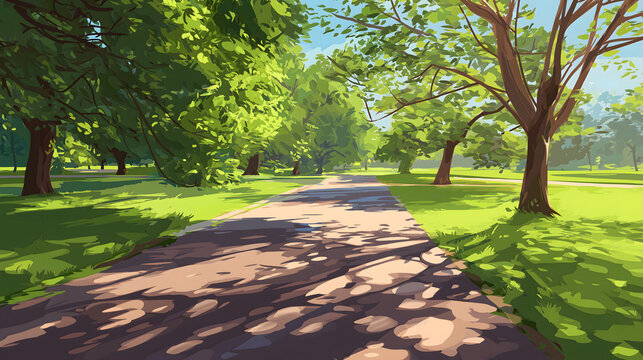 A peaceful walking path winds through a lush green public park filled with many tall trees and dappled sunlight shining down on the grass during a bright summer day