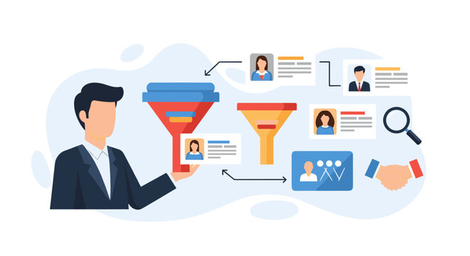 A business professional explains a multi-stage recruitment funnel process to filter job candidates with digital profiles against a clean white background with soft blue accents.