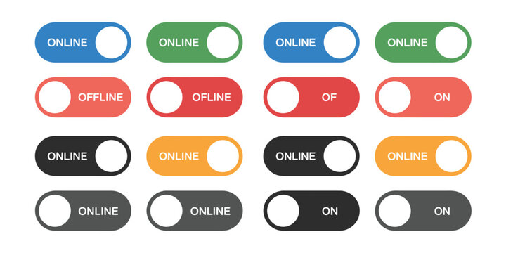 Toggle button icon set for online and offline status, on off switch elements, UI control design for interface