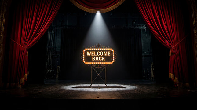 Empty Theater Stage with Welcome Back Sign and Red Curtains