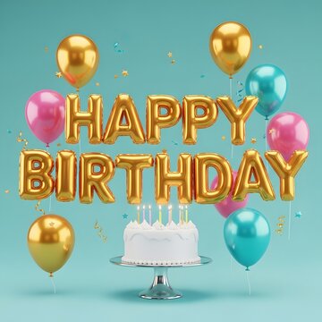 Festive happy birthday celebration gold balloons cake and party decorations for a special day