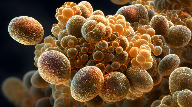 Close up of yeast cells illuminated in dark microscopic environment