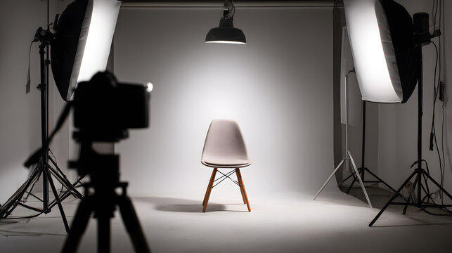 Minimalist photo studio setup with single chair and softbox lighting