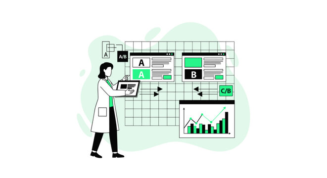 A researcher evaluates website split testing variations and performance growth charts on a digital interface within a clean minimalist workspace and green accent tones.