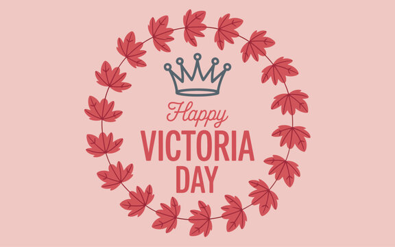 Happy Victoria Day greeting card with maple leaf wreath and crown icon on pink