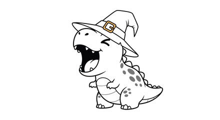 Playful line art drawing of a baby Tyrannosaurus Rex dinosaur wearing a witch hat and laughing with its mouth wide open for Halloween. © John