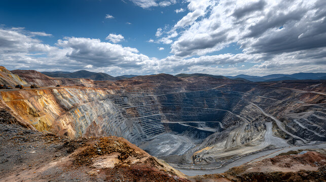 Massive open pit mine with terraced layers under cloudy sky