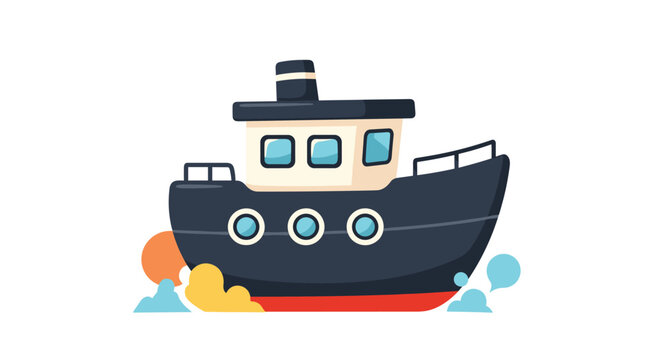 Charming little tugboat with a blue hull and white cabin sails across the ocean waves leaving colorful puffs of smoke in its wake.