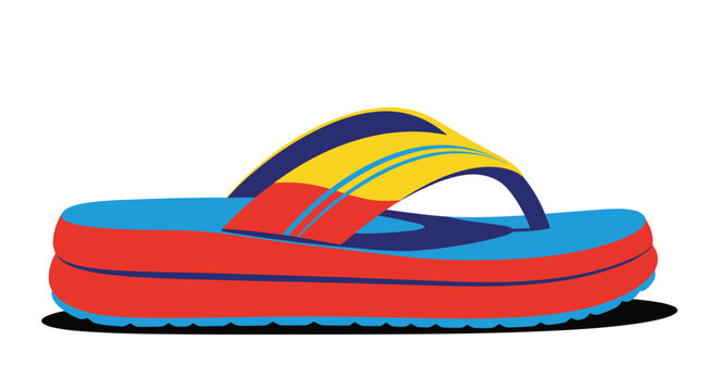 Colorful summer flip flop with a blue sole and red, yellow, and navy stripes on the strap is shown in a clean vector illustration style.