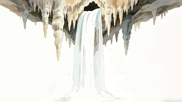 Watercolor Illustration of an Underground Cave Waterfall Flowing From a Stalactite-Draped Cave Ceiling, Minimalist Plain Background