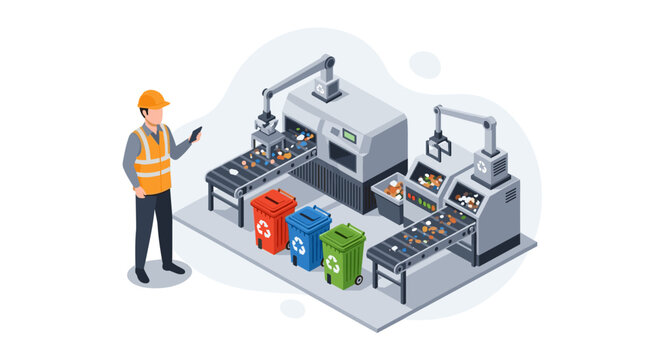 A technician wearing a hard hat and safety vest observes an automated industrial recycling plant processing waste via robotic arms and conveyor belts.