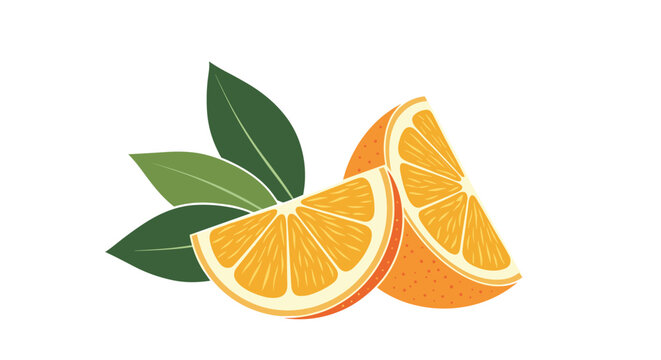 Fresh orange slices with green leaves are depicted in a bright vector illustration style representing healthy citrus fruit and vitamins.