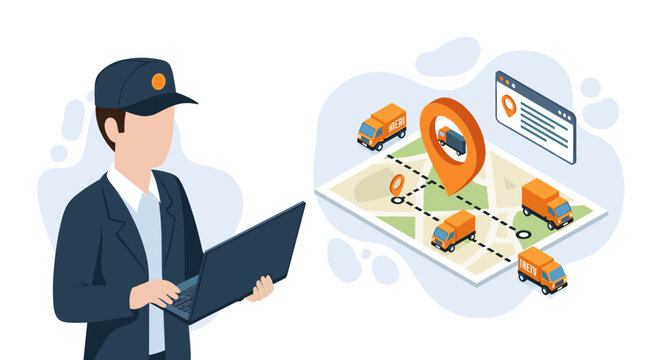 A technical analyst wearing a cap monitors real-time freight delivery paths on a laptop screen featuring an isometric geographic map with orange truck icons.
