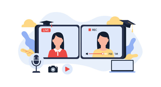 An educational platform displays live and recorded video lecture sessions on two screens with graduation caps symbolizing online learning in a flat vector graphic style.