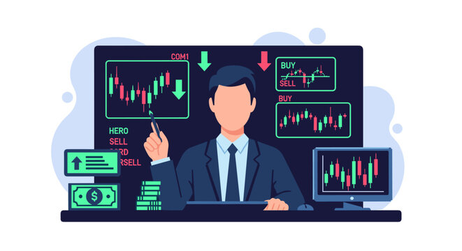 A professional man in a suit points to a large digital screen showing descending stock market candlestick charts while sitting at a desk with money.