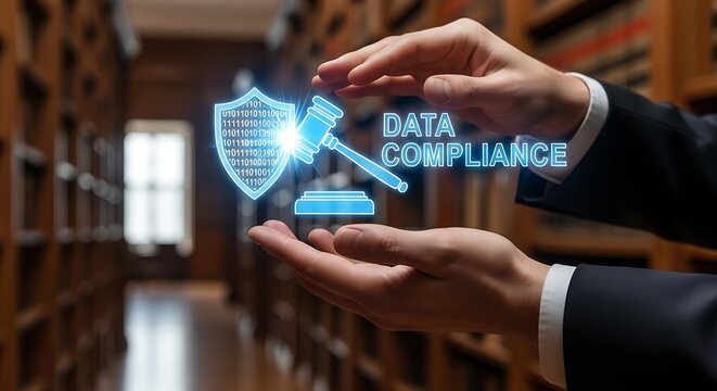 A person's hands hold a glowing blue holographic projection displaying a shield with binary code, a gavel, and the words 'DATA COMPLIANCE' in a library setting.