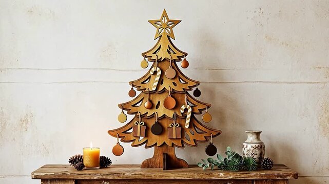 Wooden Christmas tree decoration on table ideal for lifestyle branding and social media storytelling