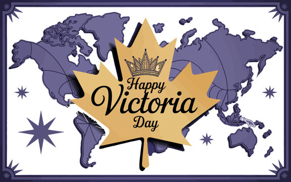Premium Victoria Day greeting with golden maple leaf over vintage world map and nautical stars