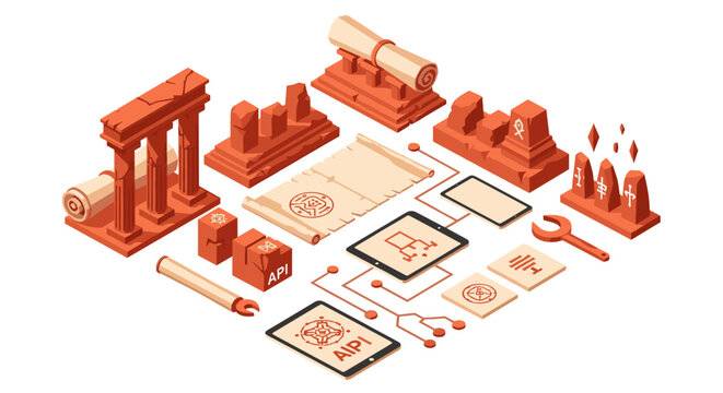 An isometric composition of terracotta colored ancient stone pillars, monoliths, scrolls, tablets, and digital API connection maps on a soft neutral studio background.