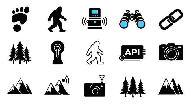 A collection of black and blue monochrome icons depicting Bigfoot creatures and mountain landscapes alongside camera and digital network connection symbols.