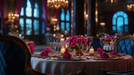 Fototapeta premium A beautifully set dinner table with pink flowers and candles sits in a luxurious banquet hall with large windows and chandeliers.