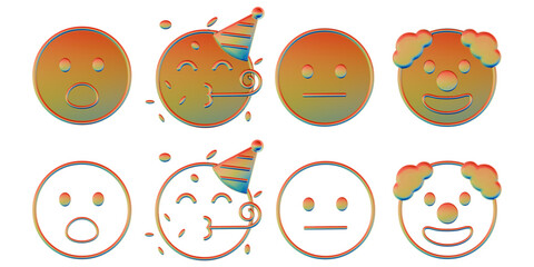 Fototapeta premium Fun Emoji Collection with Surprised Shock, Party Celebration, Neutral Flat, and Clown Face on Transparent Background