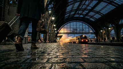 Naklejka premium Cinematic Low-Angle View of a Lone Traveler on a Cobblestone Train Platform at Twilight