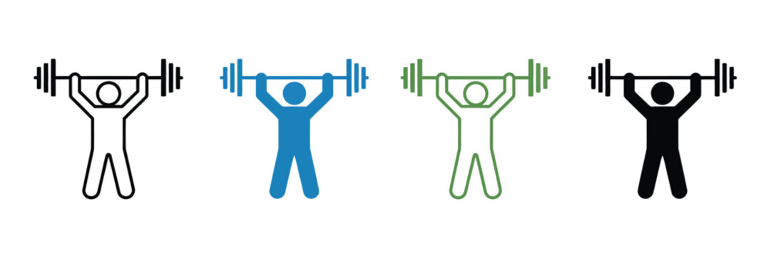 Fitness icon set with people lifting weights, colorful exercise symbols, strength training and workout concept vector illustration