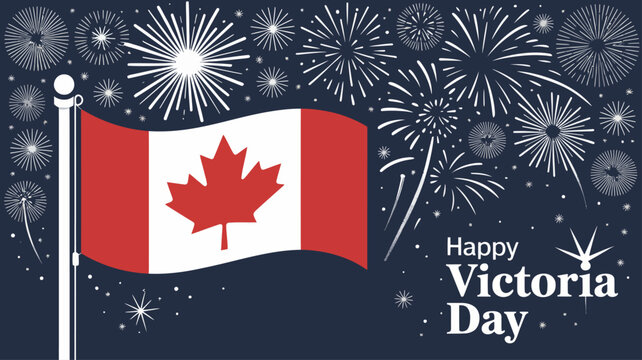 Happy Victoria Day banner with waving Canadian flag and fireworks in the night sky