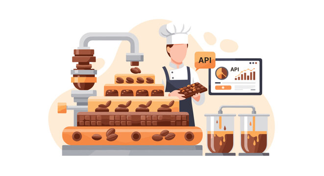 A chef wearing a white uniform manages an automated chocolate production factory machine as liquid cocoa flows into glass containers for high-end confectionery manufacturing.