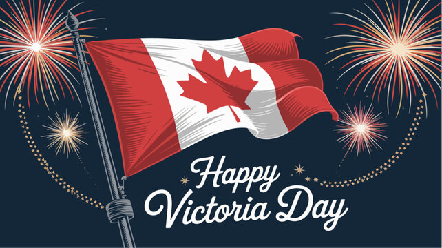 Happy Victoria Day banner with waving Canadian flag and fireworks in the night sky