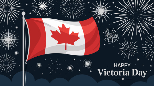 Happy Victoria Day banner with waving Canadian flag and fireworks in the night sky
