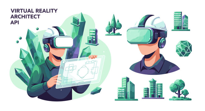 A virtual reality architect examines a glowing holographic building blueprint while wearing a headset amidst sharp, crystalline structures in a soft-toned, modern digital workspace