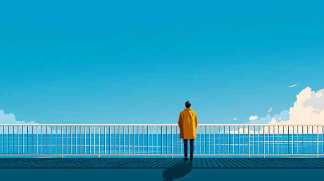 A person wearing a yellow coat stands alone on a deck looking out at the calm blue sea under a bright clear sky during a sunny day