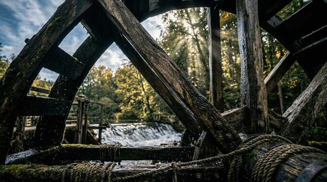 Low-Angle Cinematic Perspective of an Ancient Wooden Water Wheel with Dramatic Sunlight