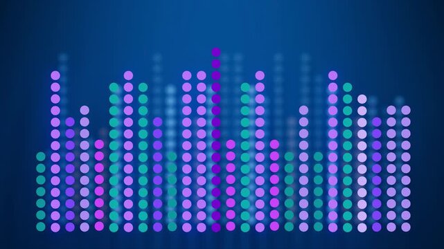 Colorful audio waveform design showing sound levels with circular dots in various shades on a blue background.