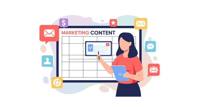 A professional woman holding a tablet points toward a large marketing content calendar displayed on a board surrounded by floating email and notification icons in a light space.