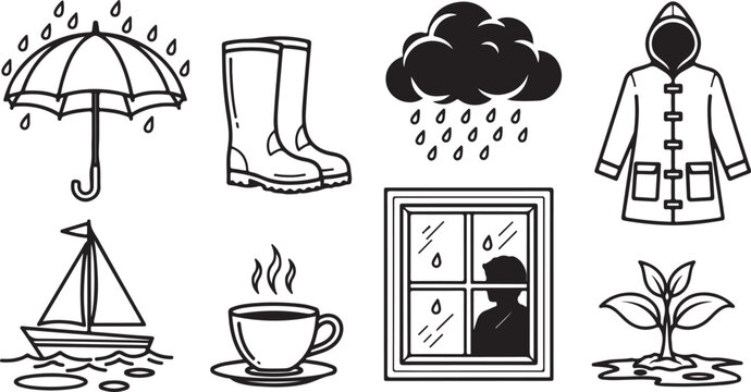 Set of rain gear umbrella boots and coat vector illustration Vector