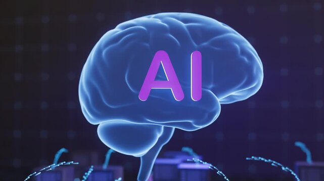 Digital brain model showing artificial intelligence interacting with computer servers in a dark environment with glowing elements.