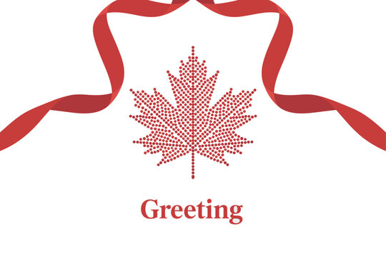 Minimalist red maple leaf with intricate vein pattern and wavy ribbons on white